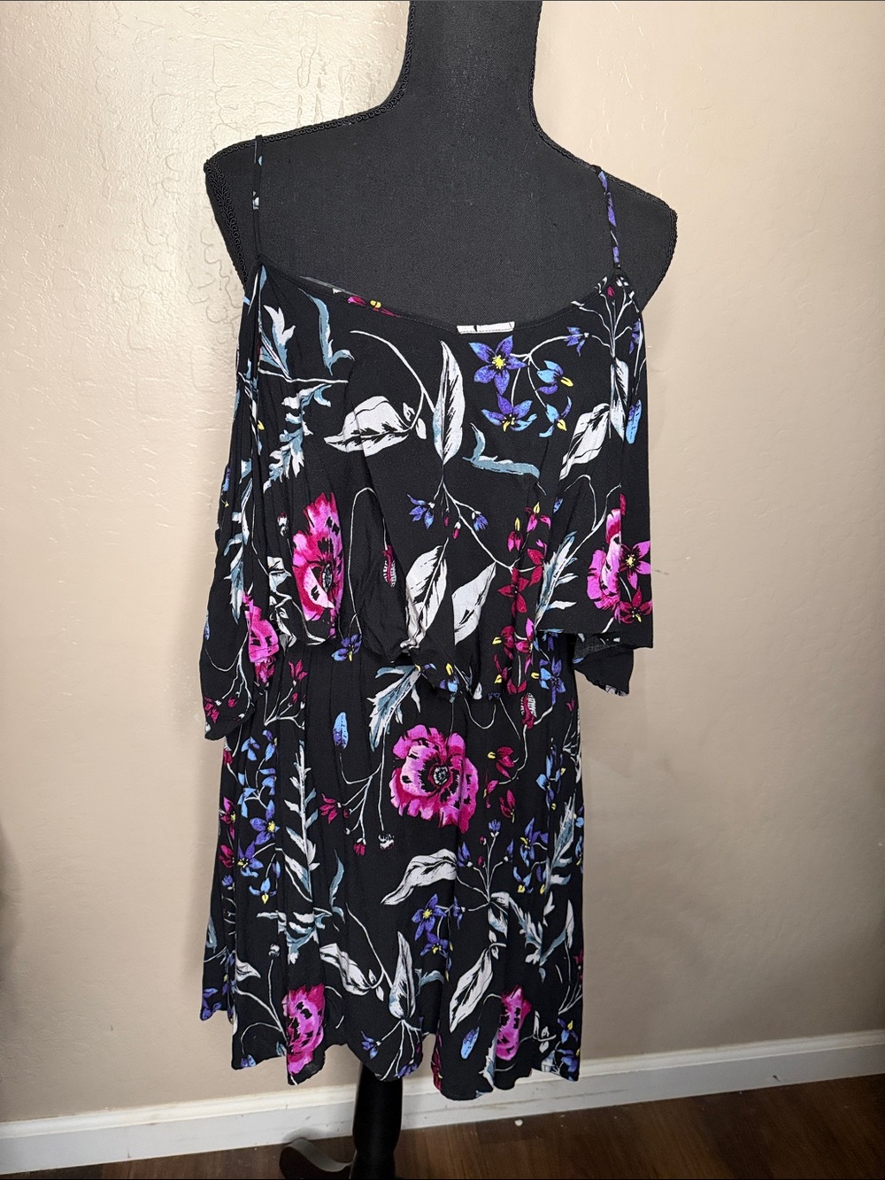 Black Floral -Off Shoulder Dress with Pink & Purple Blooms
